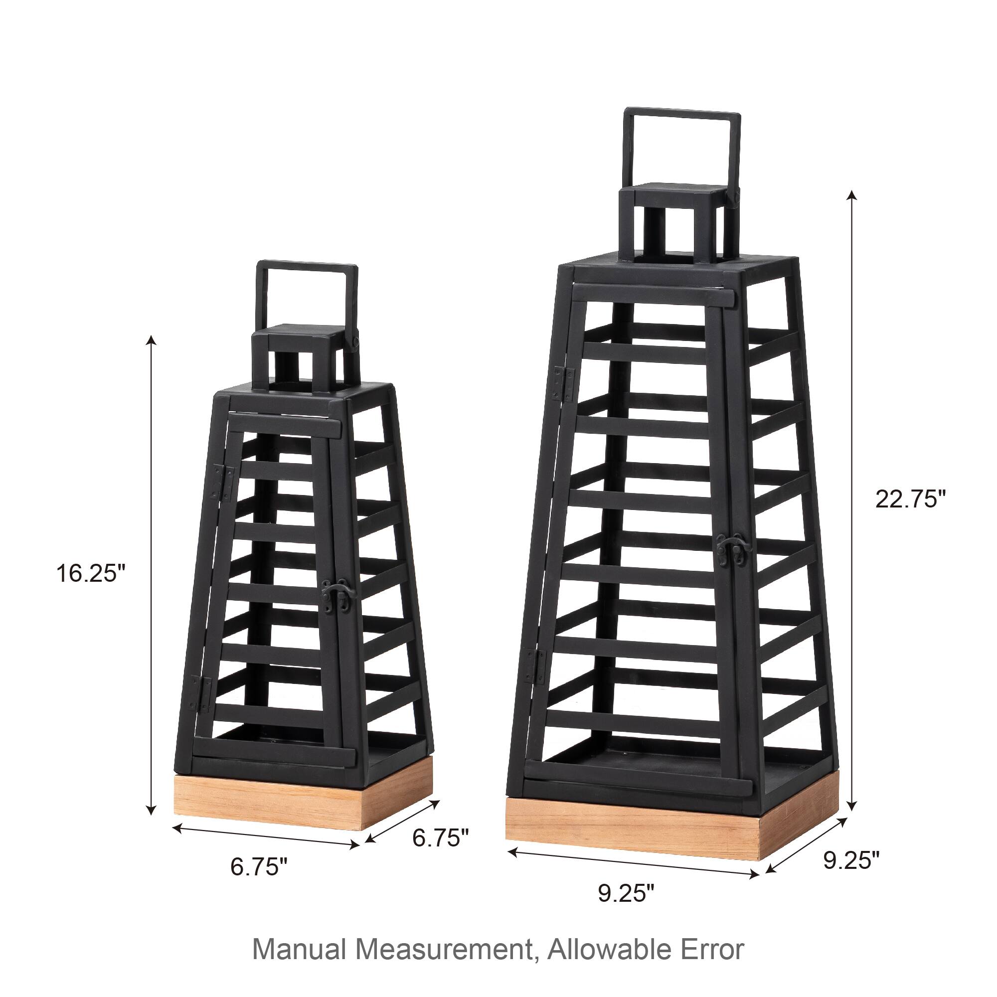 Glitzhome® Black Modern Trapezoid Metal & Wood Lanterns Set